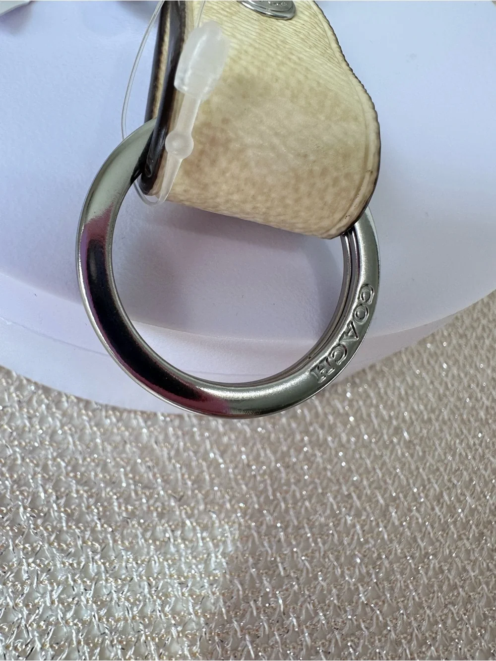 Coach Trigger Snap Leather Keychain Bag Charm  in Hay Silver Hardware CAU86